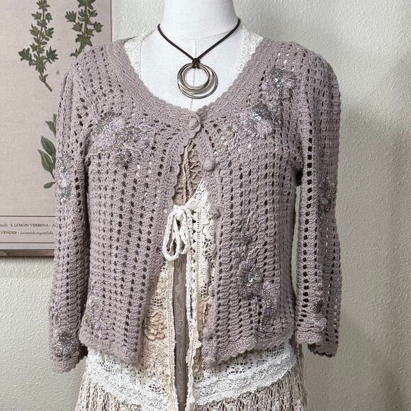 90s Y2k Embroidered Floral Cardigan Sweater Mori Kei Forest Fairy Coquette M - Picture 2 of 10
